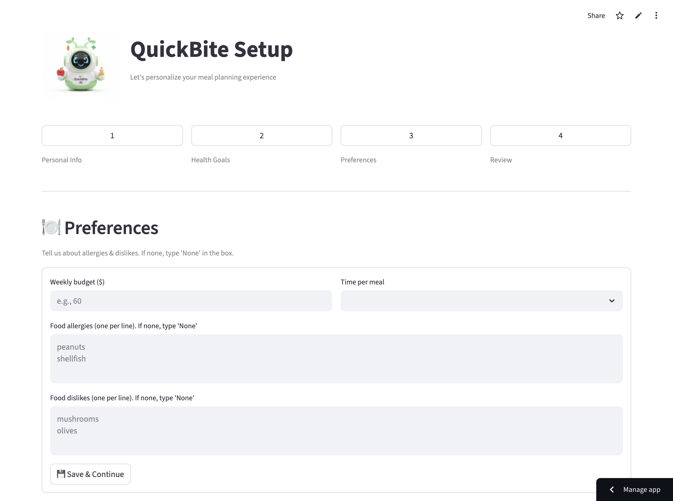 QuickBite goal calibration and progress meters